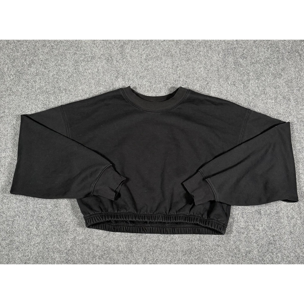 ALO Yoga Devotion Cropped Crew Neck Sweatshirt Womens L Black Cinched Waist EUC